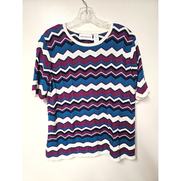 Vtg Crochet Chevron Striped Top Sz Med Womens Short Sleeve Grandmacore Scalloped - Picture 1 of 6